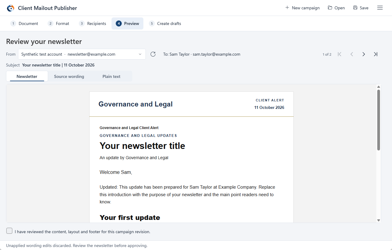 Client Mailout Publisher newsletter preview using a synthetic account, example.com addresses and Example Company.