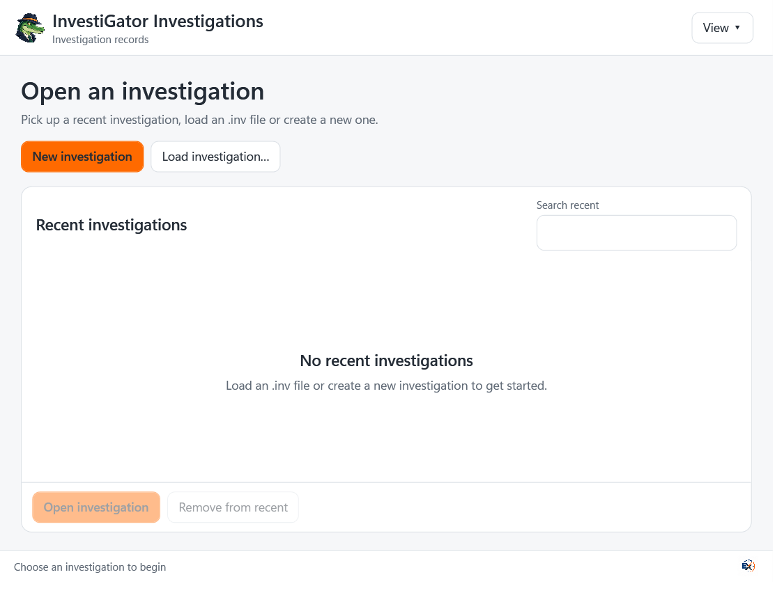 Empty InvestiGator investigation register before a workspace is opened.